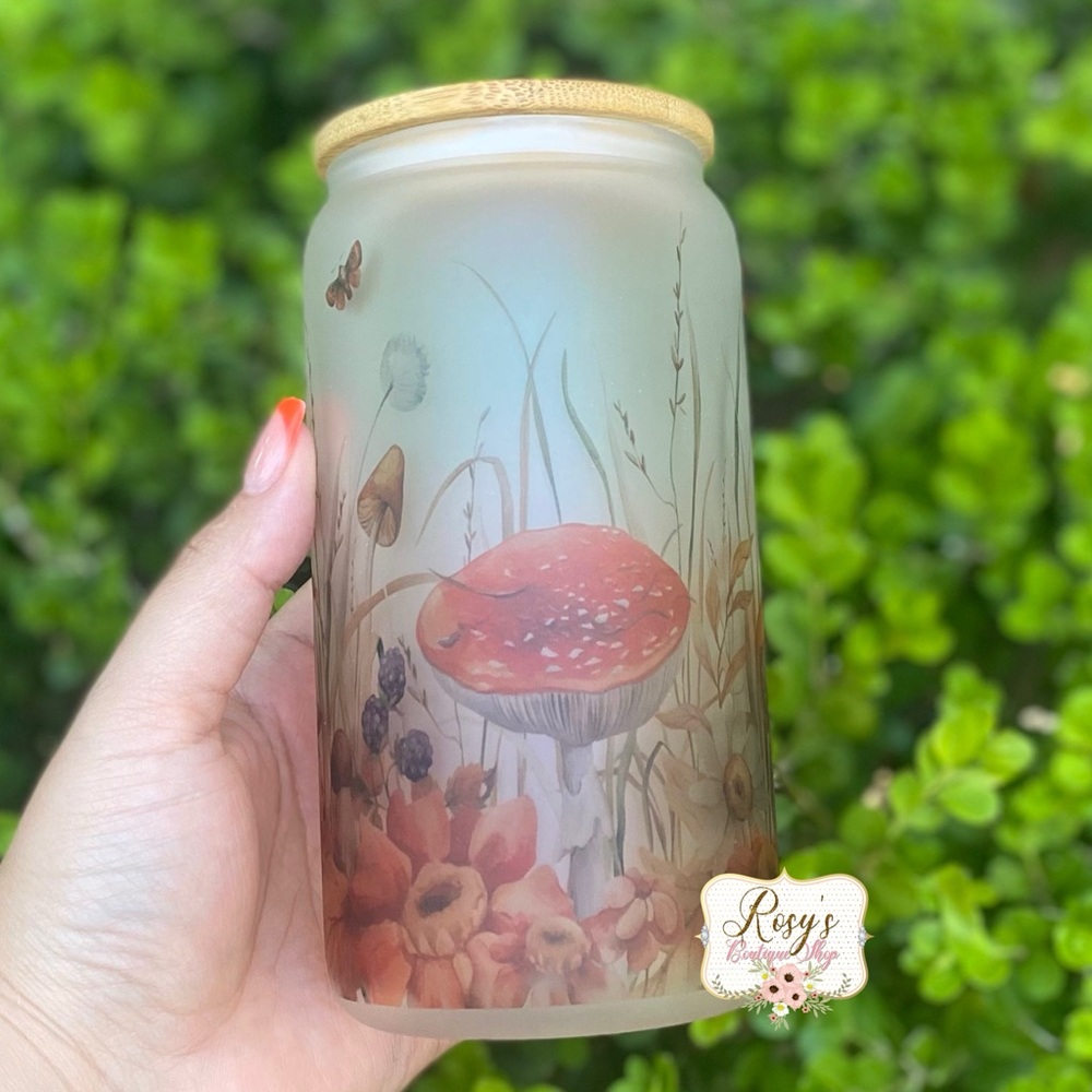Mushroom and garden Libbey glass cup